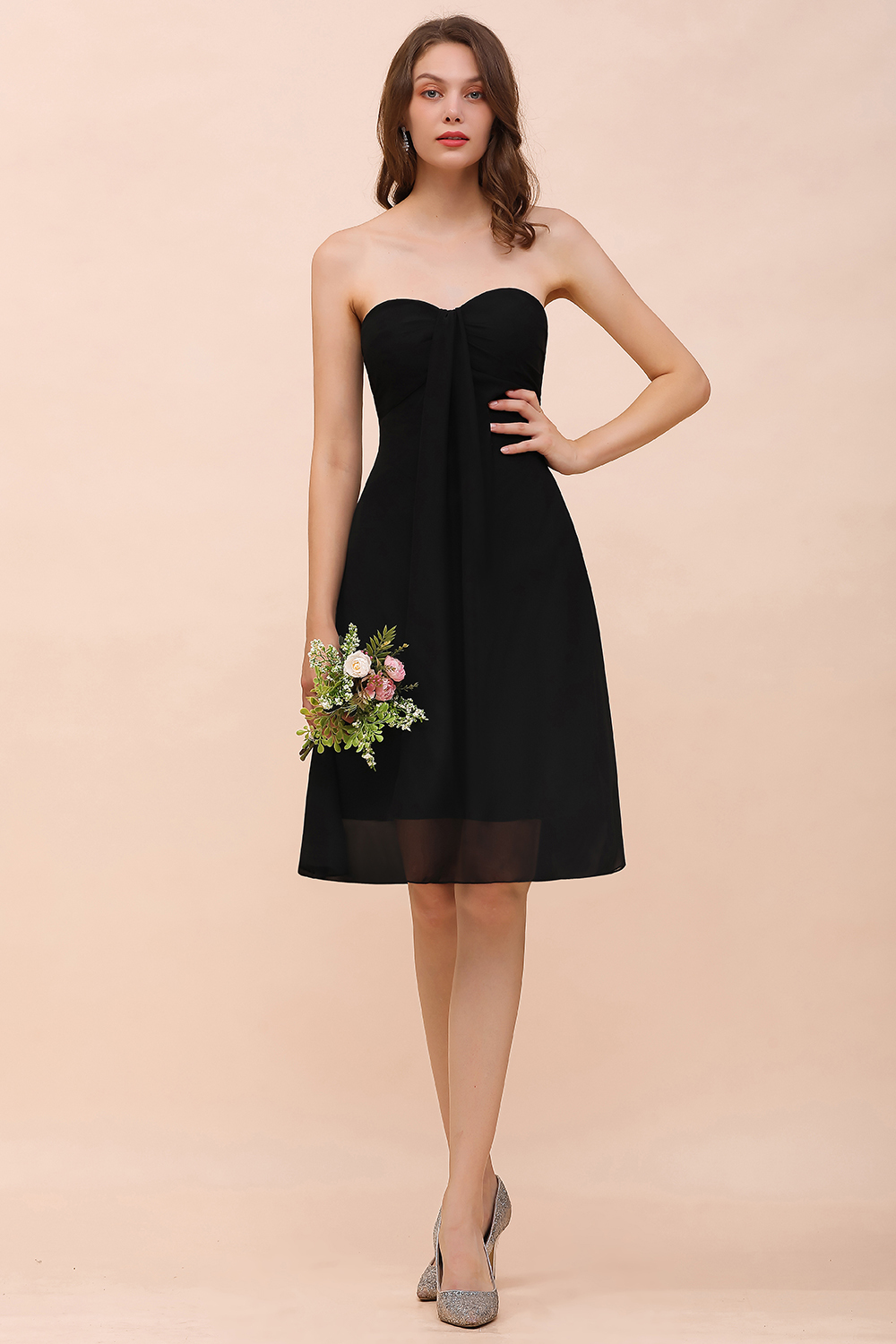 Simple Black Strapless A-line Knee-length Chiffon Backless Bridesmaid Dress