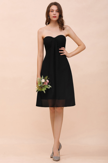 Simple Black Strapless A-line Knee-length Chiffon Backless Bridesmaid Dress