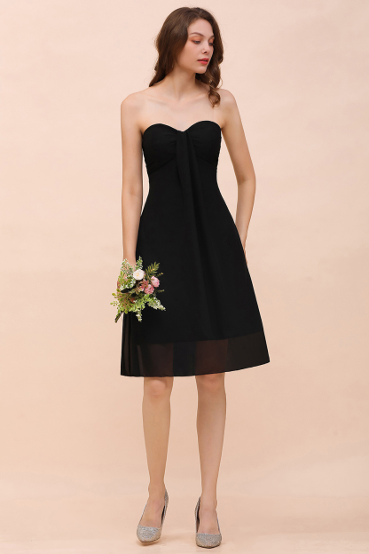 Simple Black Strapless A-line Knee-length Chiffon Backless Bridesmaid Dress
