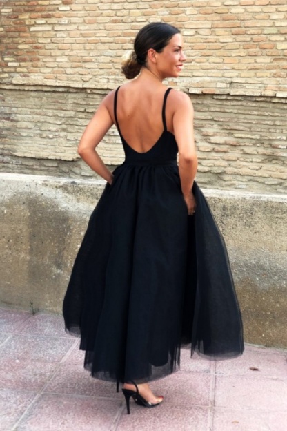 Simple Black V-neck Sleeveless Asymmetrical A-Line Prom Dresses