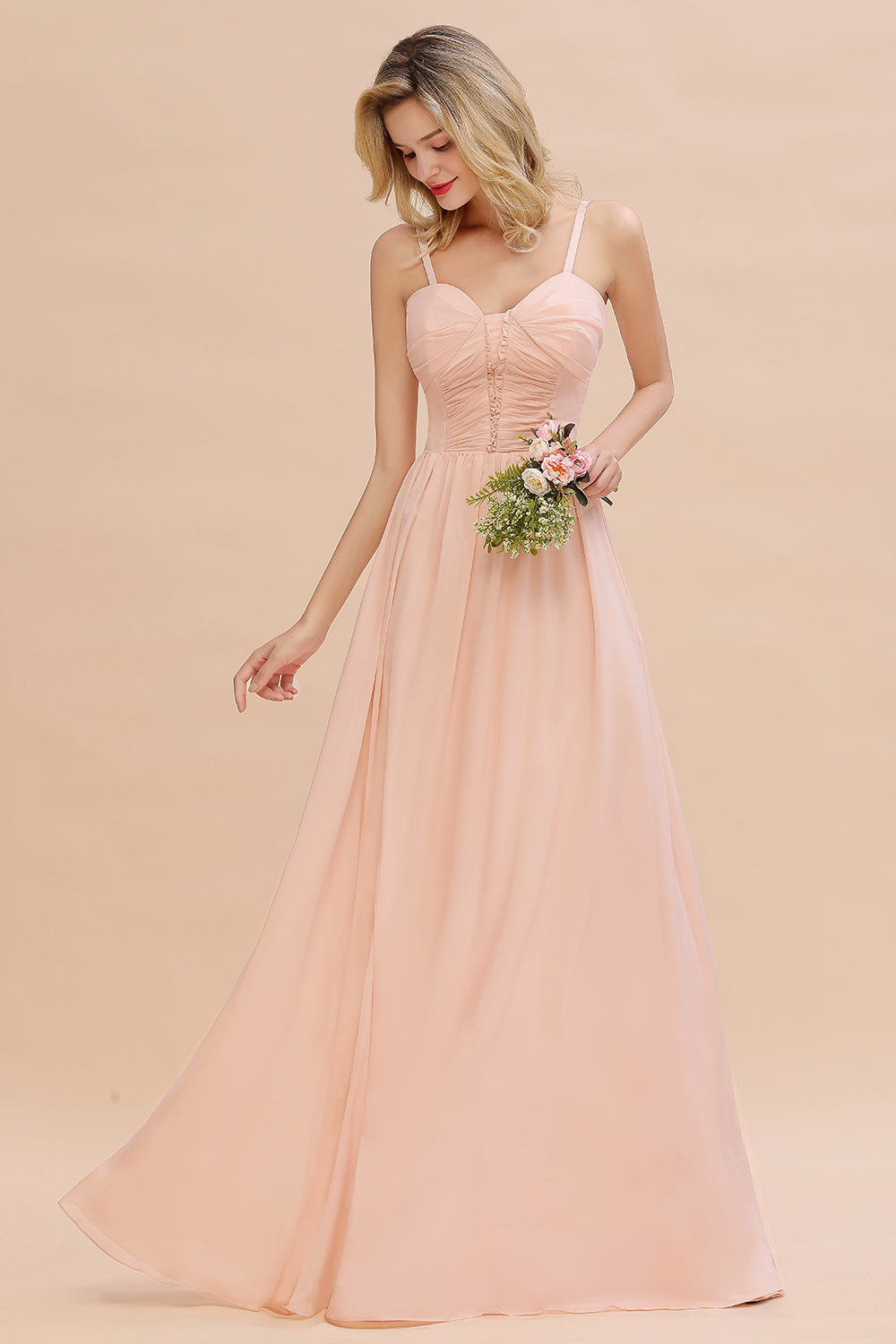 Simple Chiffon Straps Beadings Long Bridesmaid Dress