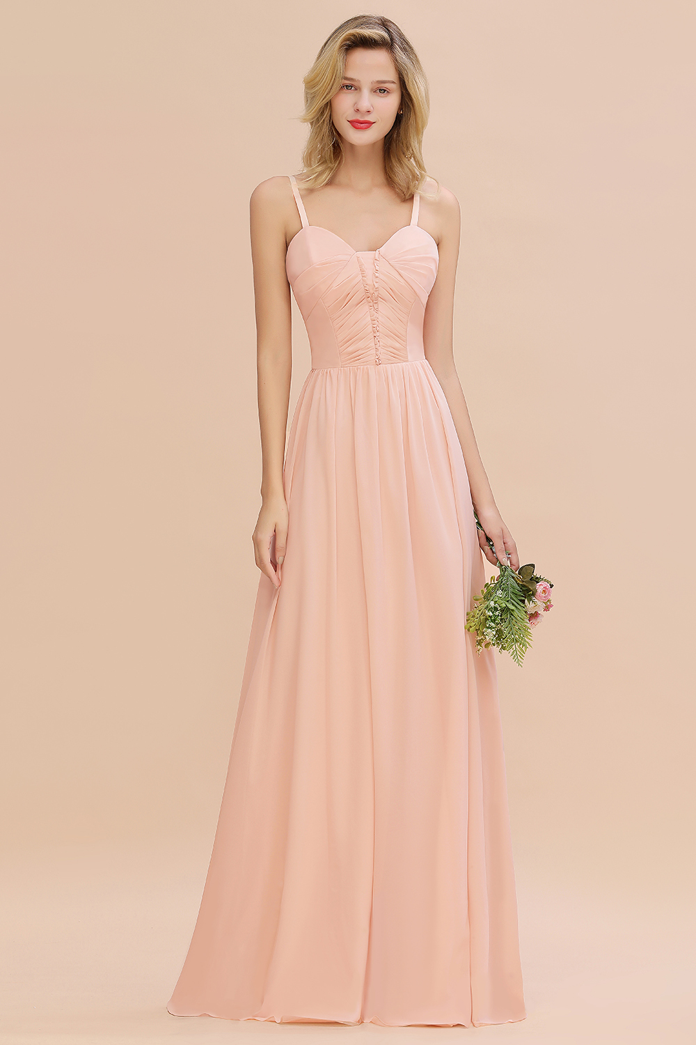 Simple Chiffon Straps Beadings Long Bridesmaid Dress