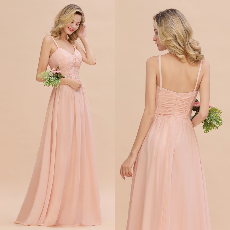 Simple Chiffon Straps Beadings Long Bridesmaid Dress