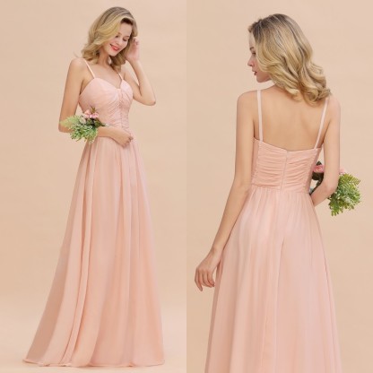 Simple Chiffon Straps Beadings Long Bridesmaid Dress