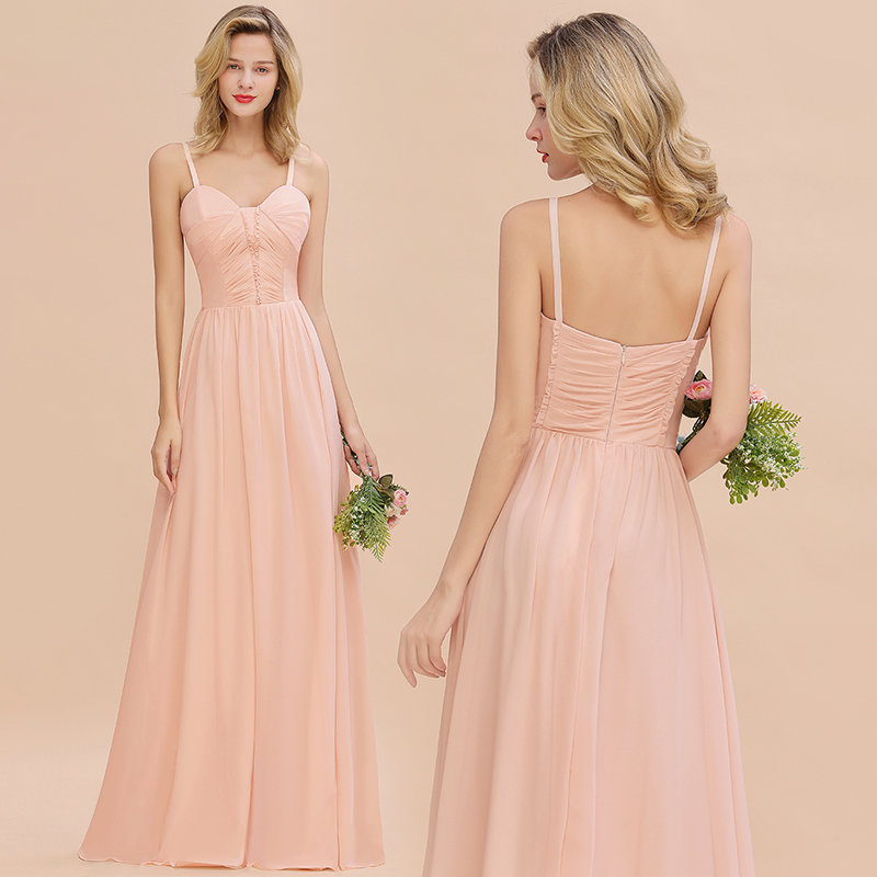 Simple Chiffon Straps Beadings Long Bridesmaid Dress