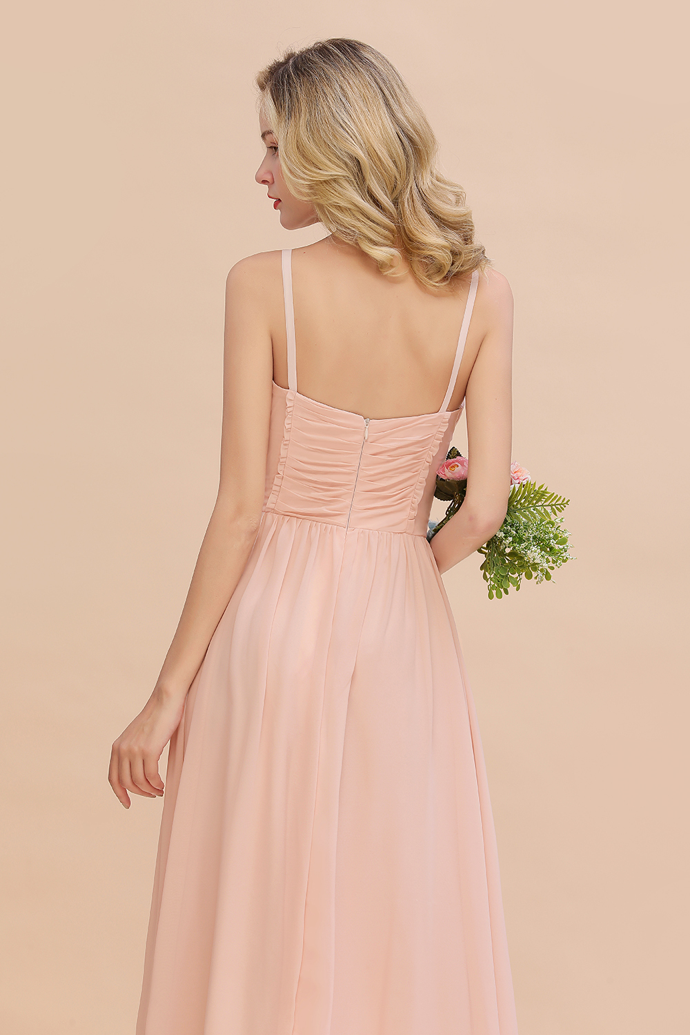 Simple Chiffon Straps Beadings Long Bridesmaid Dress