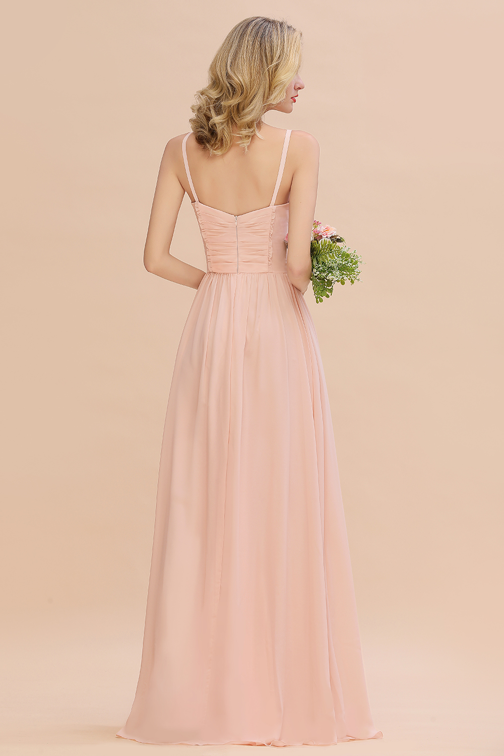 Simple Chiffon Straps Beadings Long Bridesmaid Dress