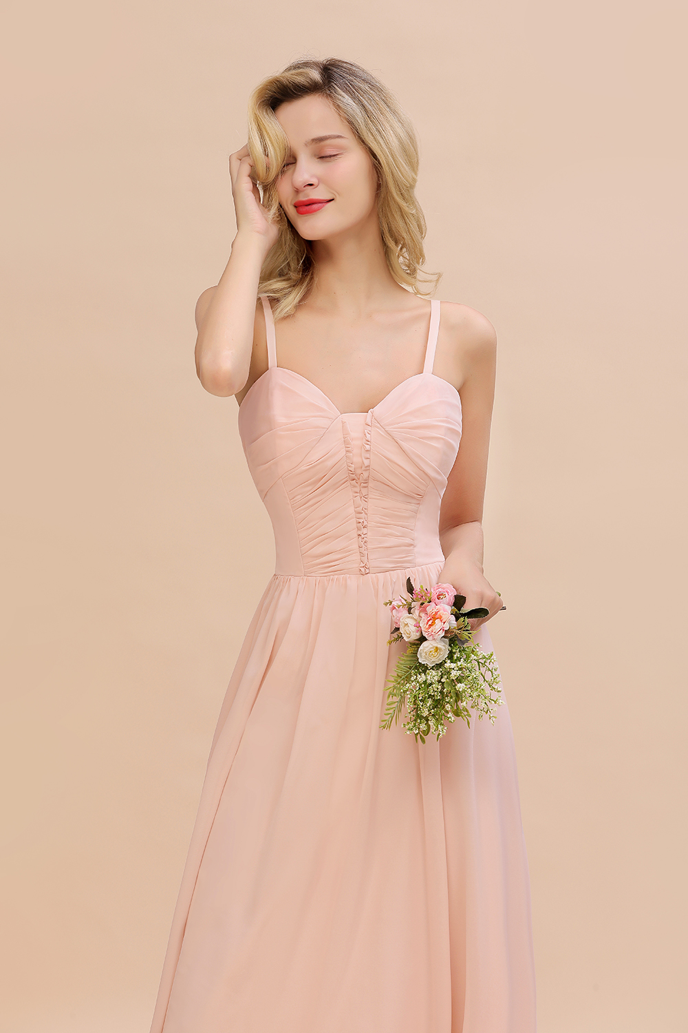 Simple Chiffon Straps Beadings Long Bridesmaid Dress