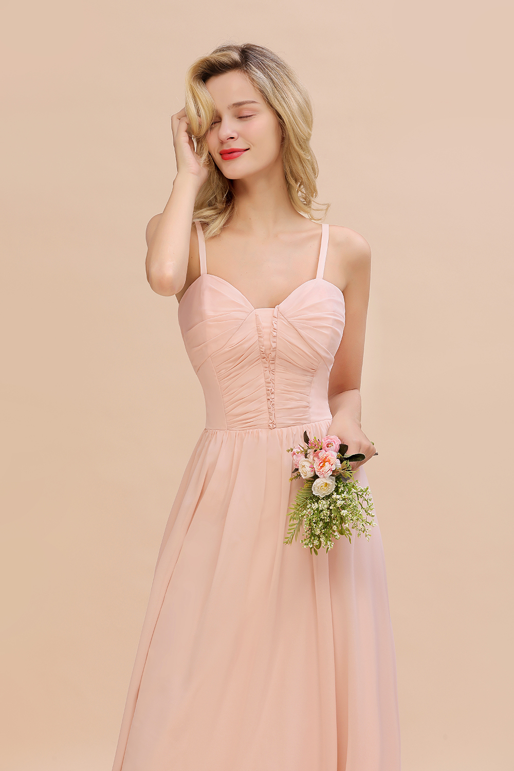 Simple Chiffon Straps Beadings Long Bridesmaid Dress