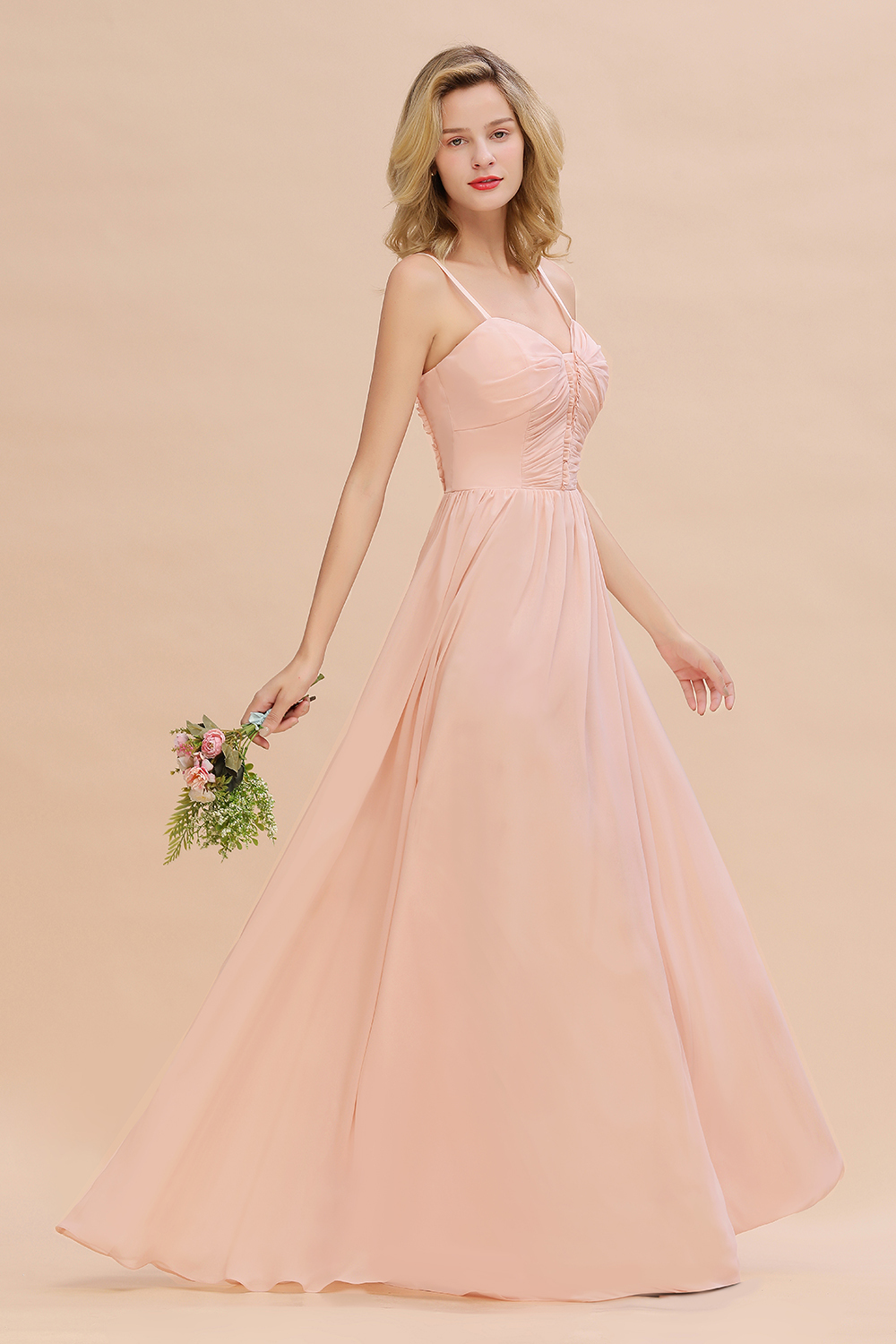 Simple Chiffon Straps Beadings Long Bridesmaid Dress
