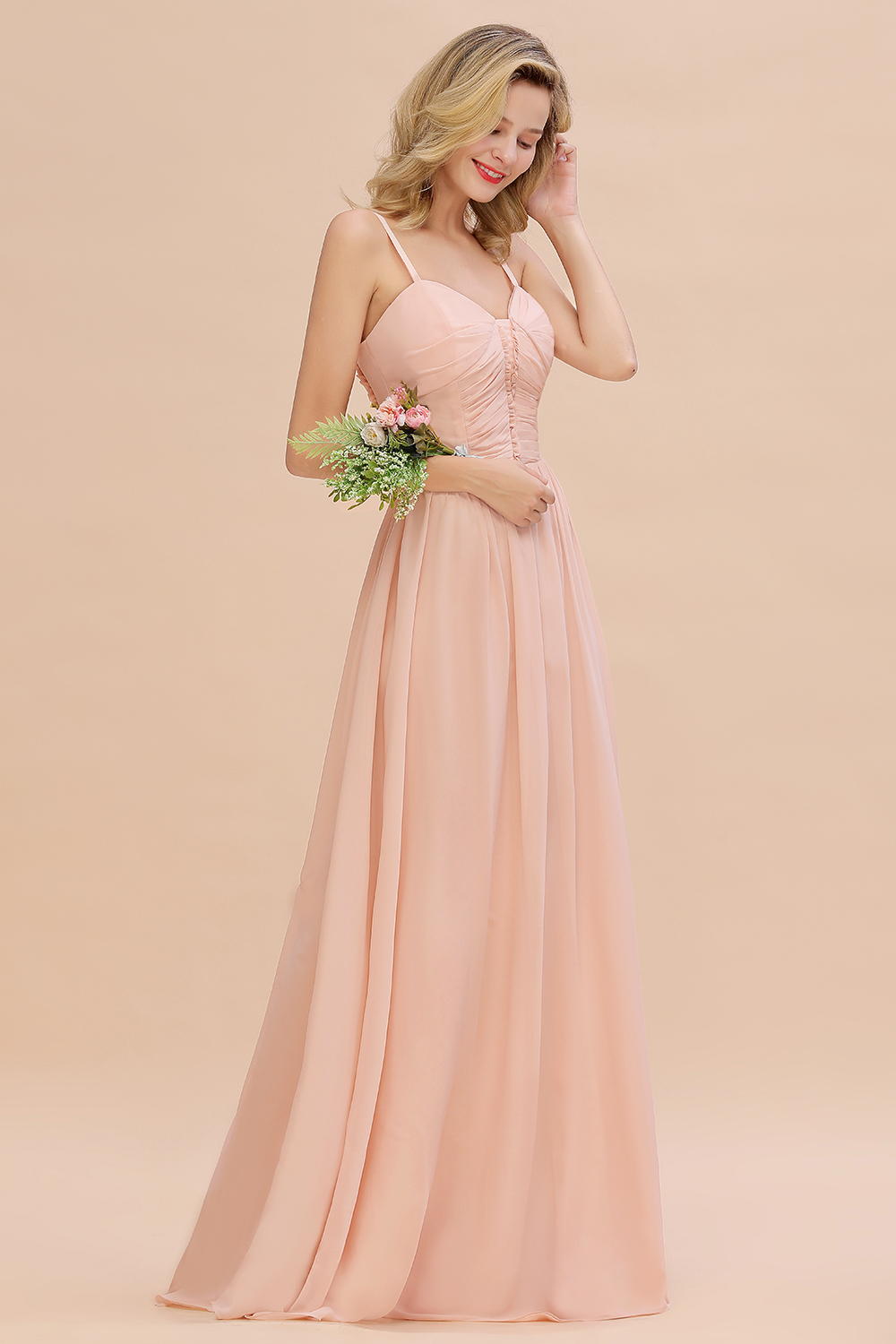 Simple Chiffon Straps Beadings Long Bridesmaid Dress