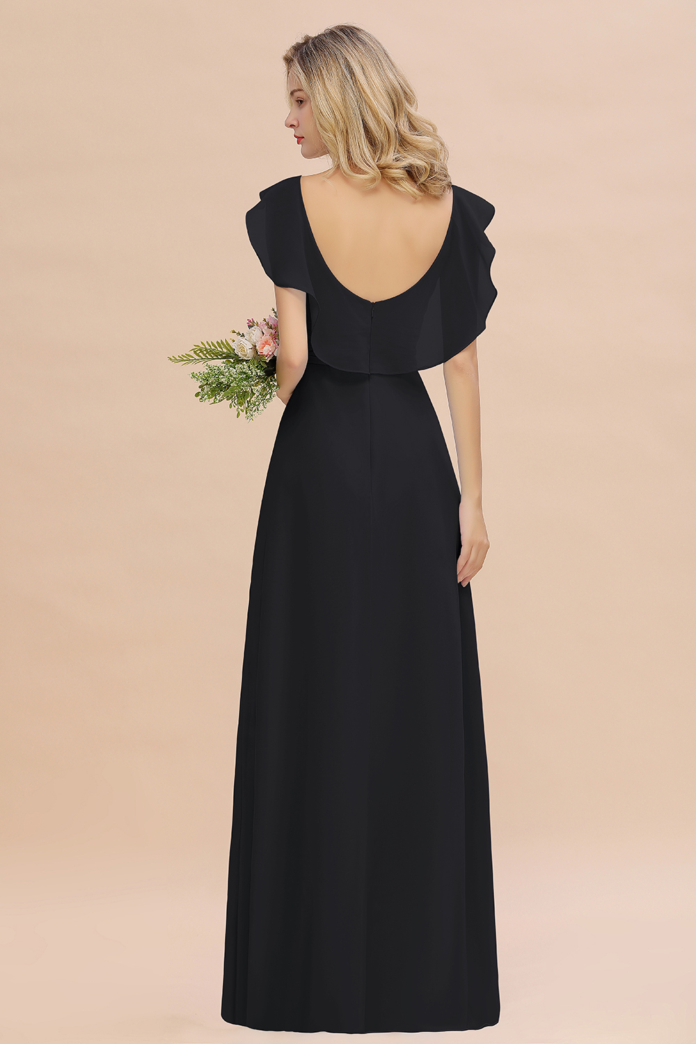 Simple High Low A-line V-Neck Ruffles Chiffon Black Bridesmaid Dress