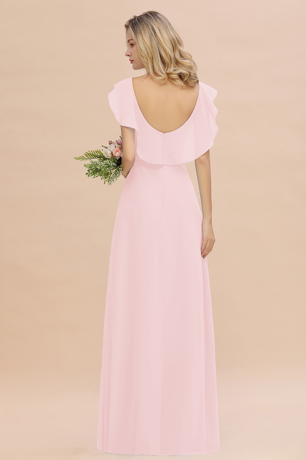 Simple High Low A-line V-Neck Ruffles Chiffon Blushing Pink Bridesmaid Dress
