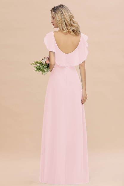 Simple High Low A-line V-Neck Ruffles Chiffon Blushing Pink Bridesmaid Dress