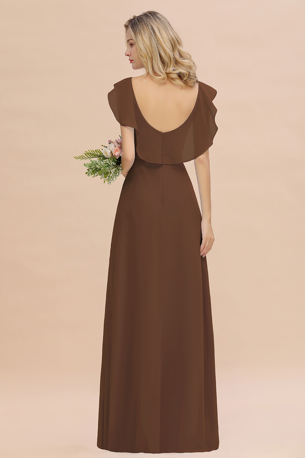 Simple High Low A-line V-Neck Ruffles Chiffon Brown Bridesmaid Dress