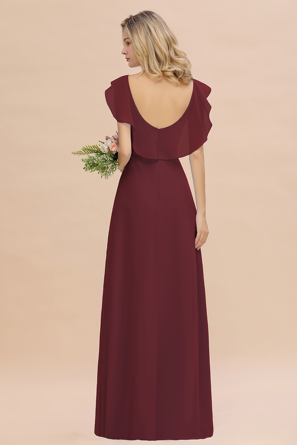 Simple High Low A-line V-Neck Ruffles Chiffon Burgundy Bridesmaid Dress
