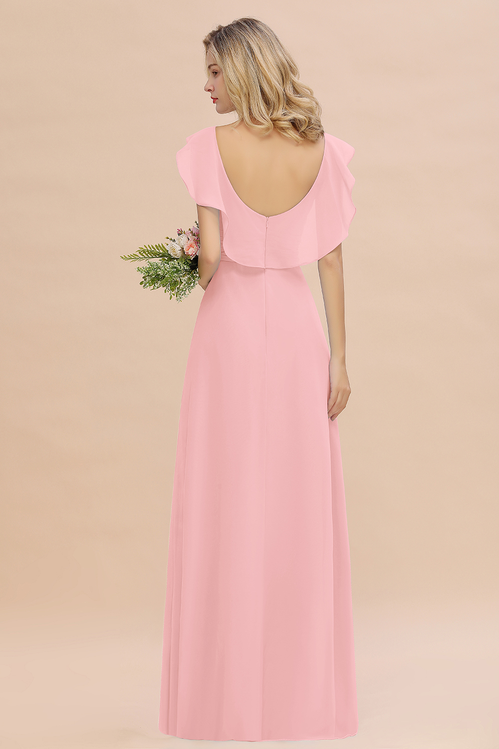 Simple High Low A-line V-Neck Ruffles Chiffon Candy Pink Bridesmaid Dress