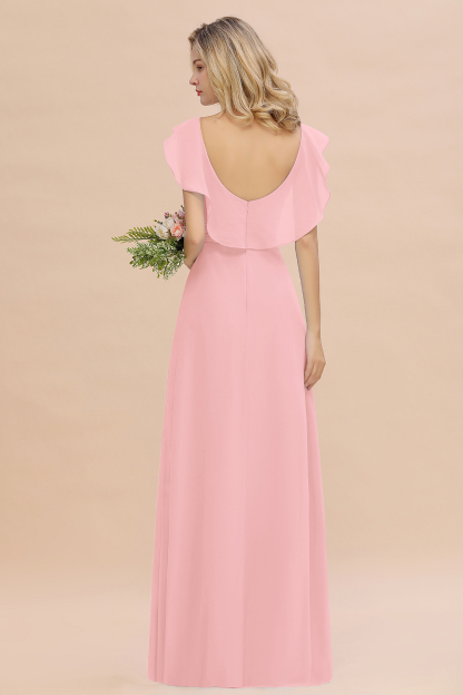 Simple High Low A-line V-Neck Ruffles Chiffon Candy Pink Bridesmaid Dress