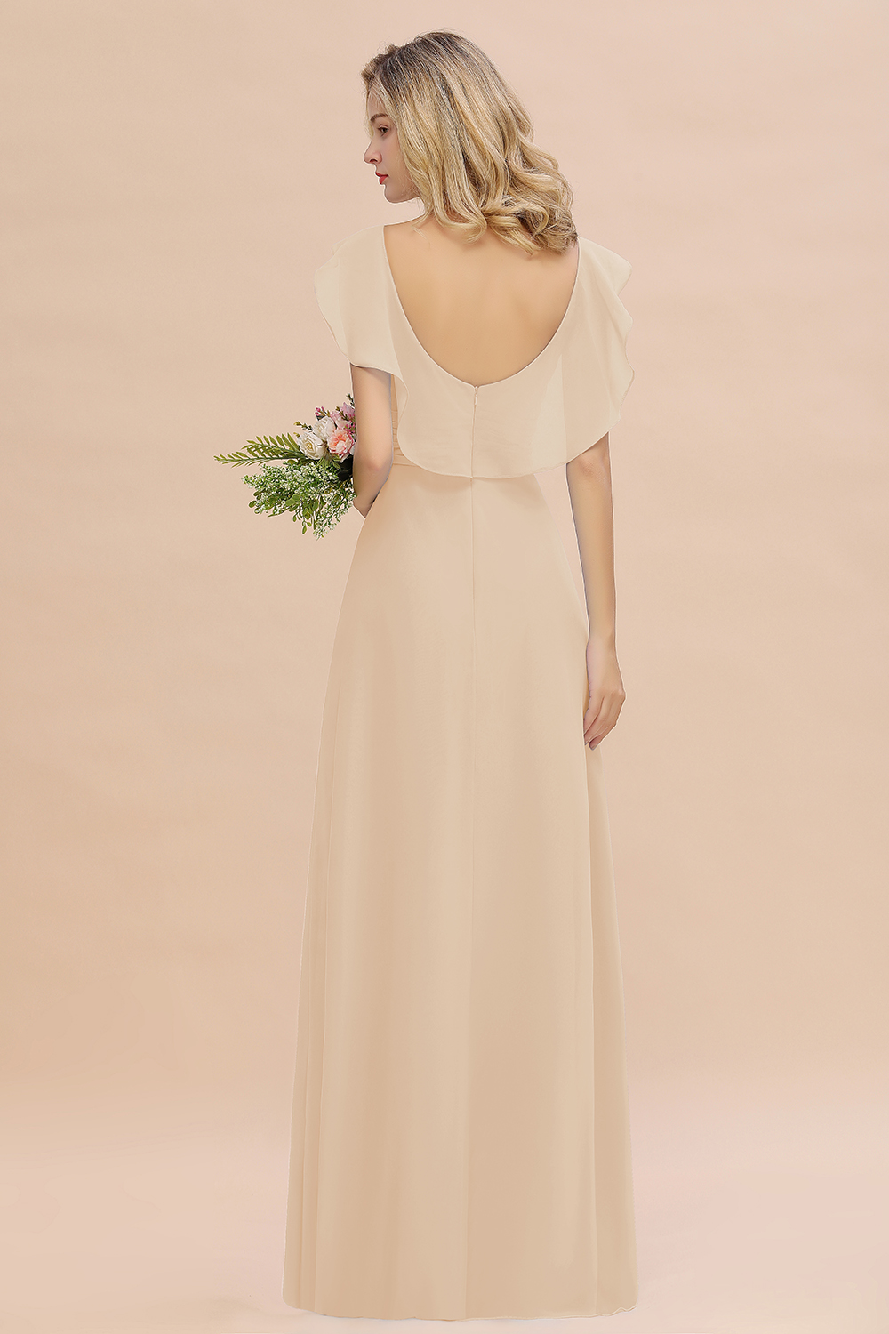 Simple High Low A-line V-Neck Ruffles Chiffon Champagne Bridesmaid Dress