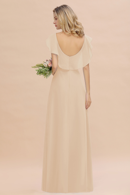 Simple High Low A-line V-Neck Ruffles Chiffon Champagne Bridesmaid Dress