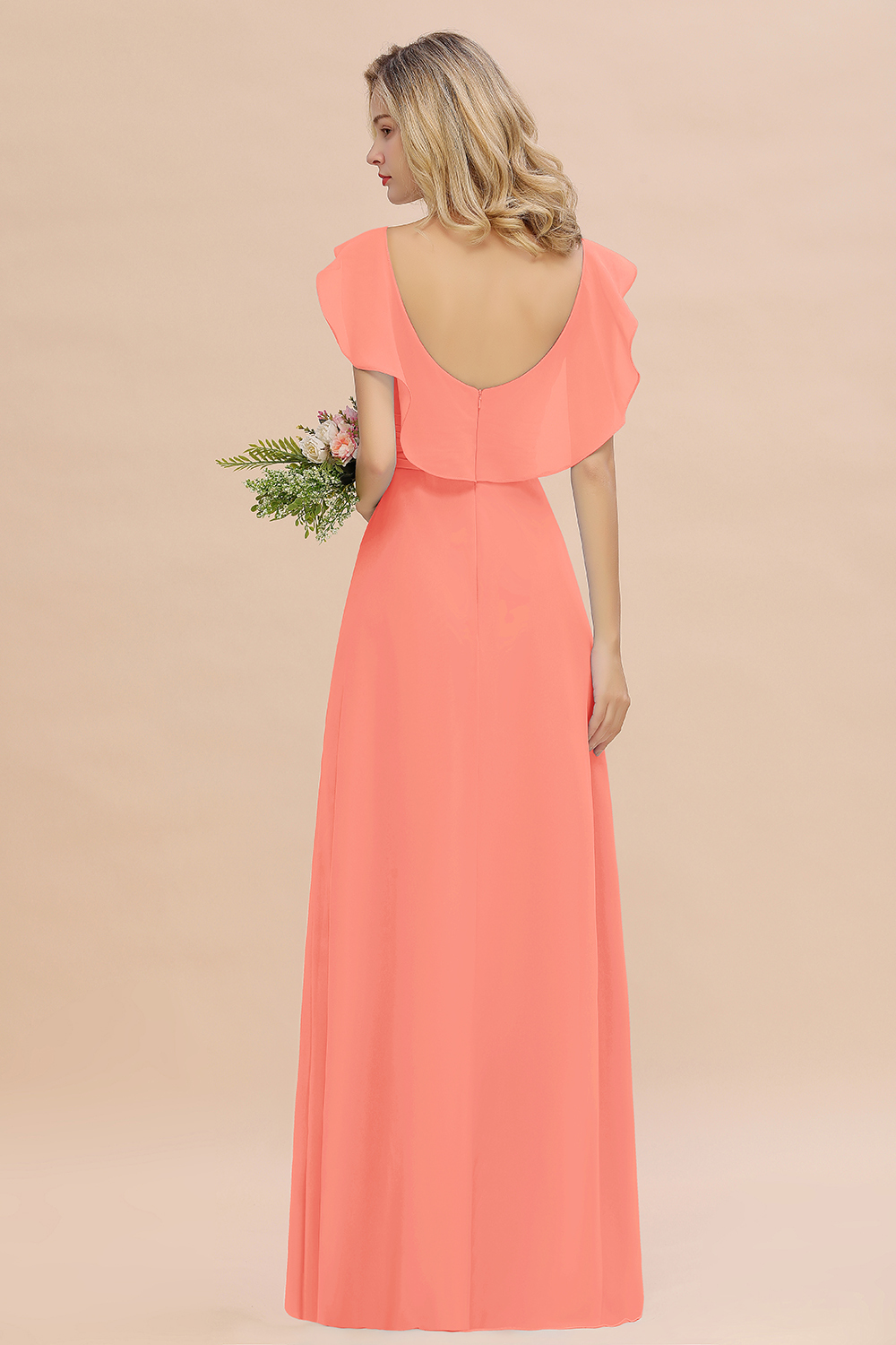 Simple High Low A-line V-Neck Ruffles Chiffon Coral Bridesmaid Dress