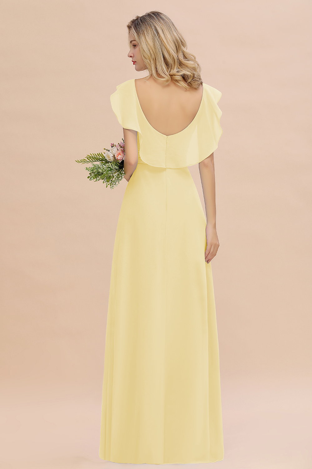 Simple High Low A-line V-Neck Ruffles Chiffon Daffodil Bridesmaid Dress