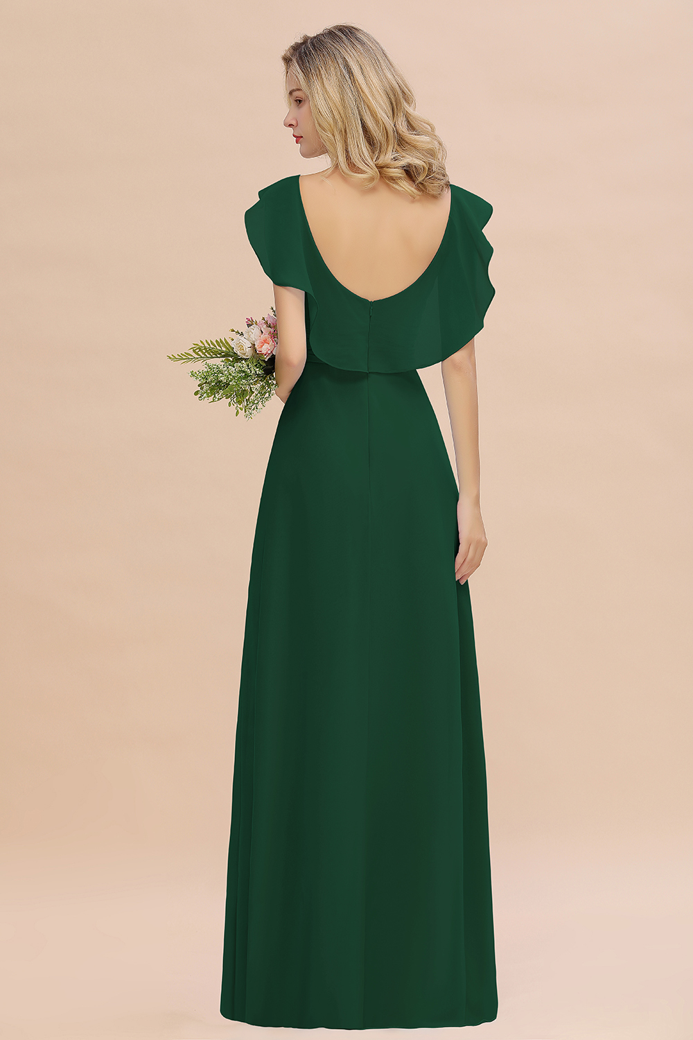 Simple High Low A-line V-Neck Ruffles Chiffon Dark Green Bridesmaid Dress