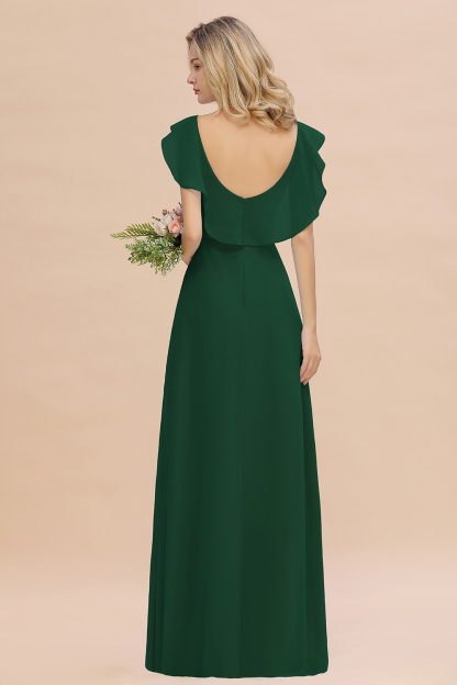 Simple High Low A-line V-Neck Ruffles Chiffon Dark Green Bridesmaid Dress
