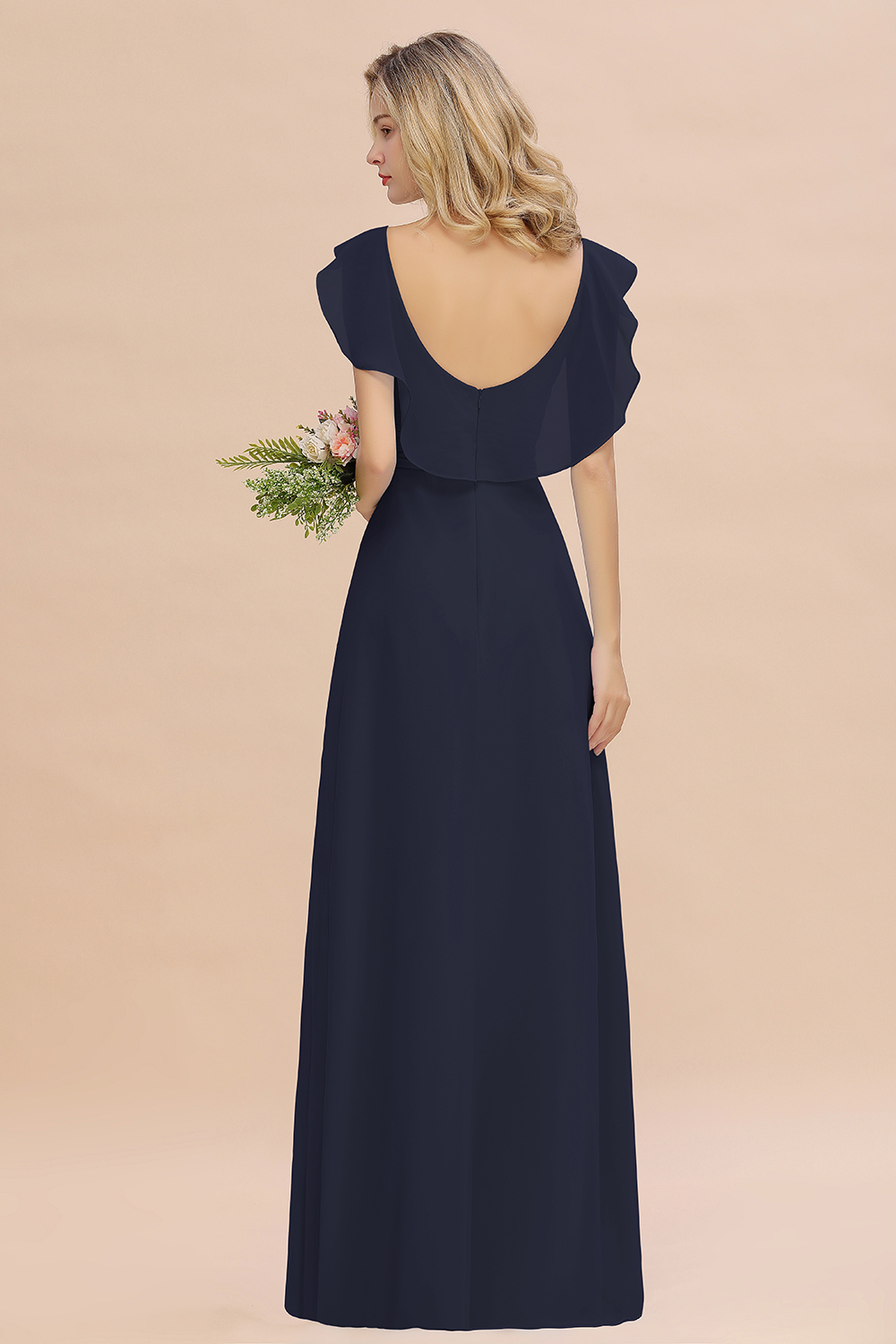 Simple High Low A-line V-Neck Ruffles Chiffon Dark Navy Bridesmaid Dress