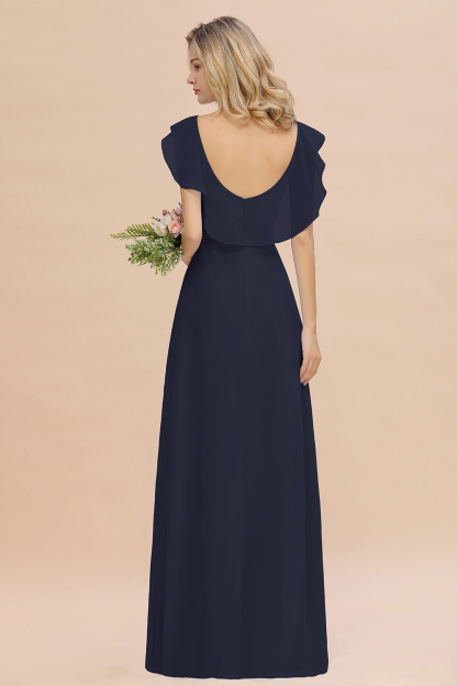 Simple High Low A-line V-Neck Ruffles Chiffon Dark Navy Bridesmaid Dress