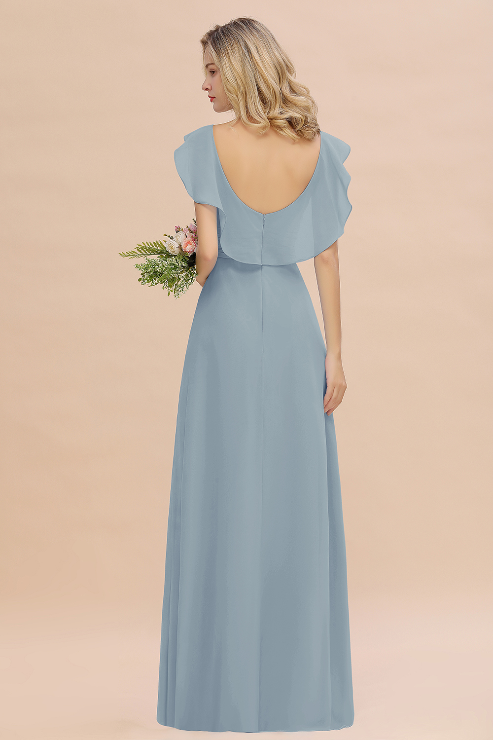 Simple High Low A-line V-Neck Ruffles Chiffon Dusty Blue Bridesmaid Dress