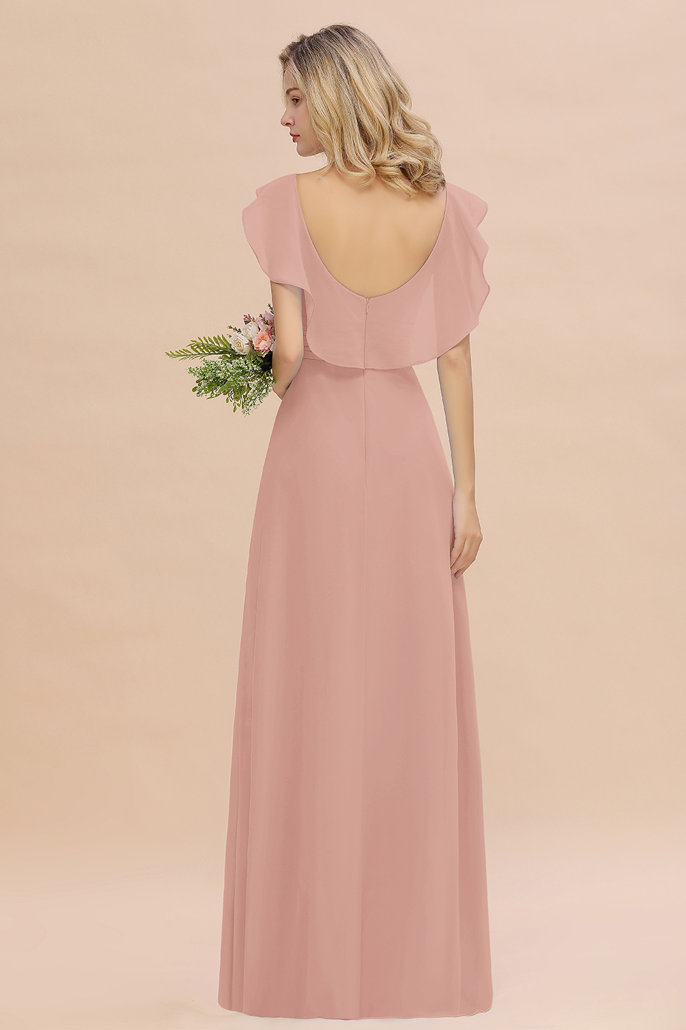 Simple High Low A-line V-Neck Ruffles Chiffon Dusty Rose Bridesmaid Dress
