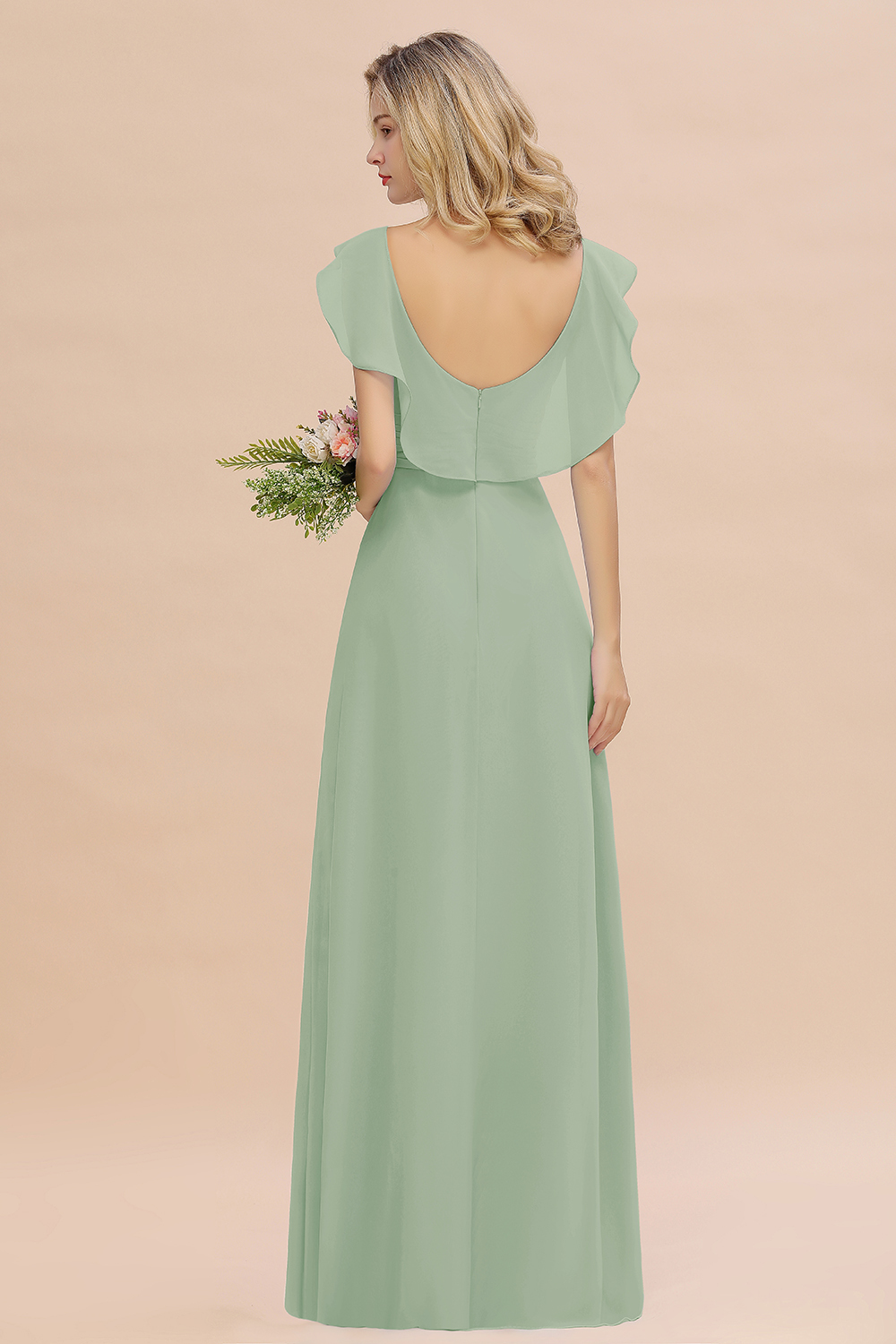 Simple High Low A-line V-Neck Ruffles Chiffon Dusty Sage Bridesmaid Dress