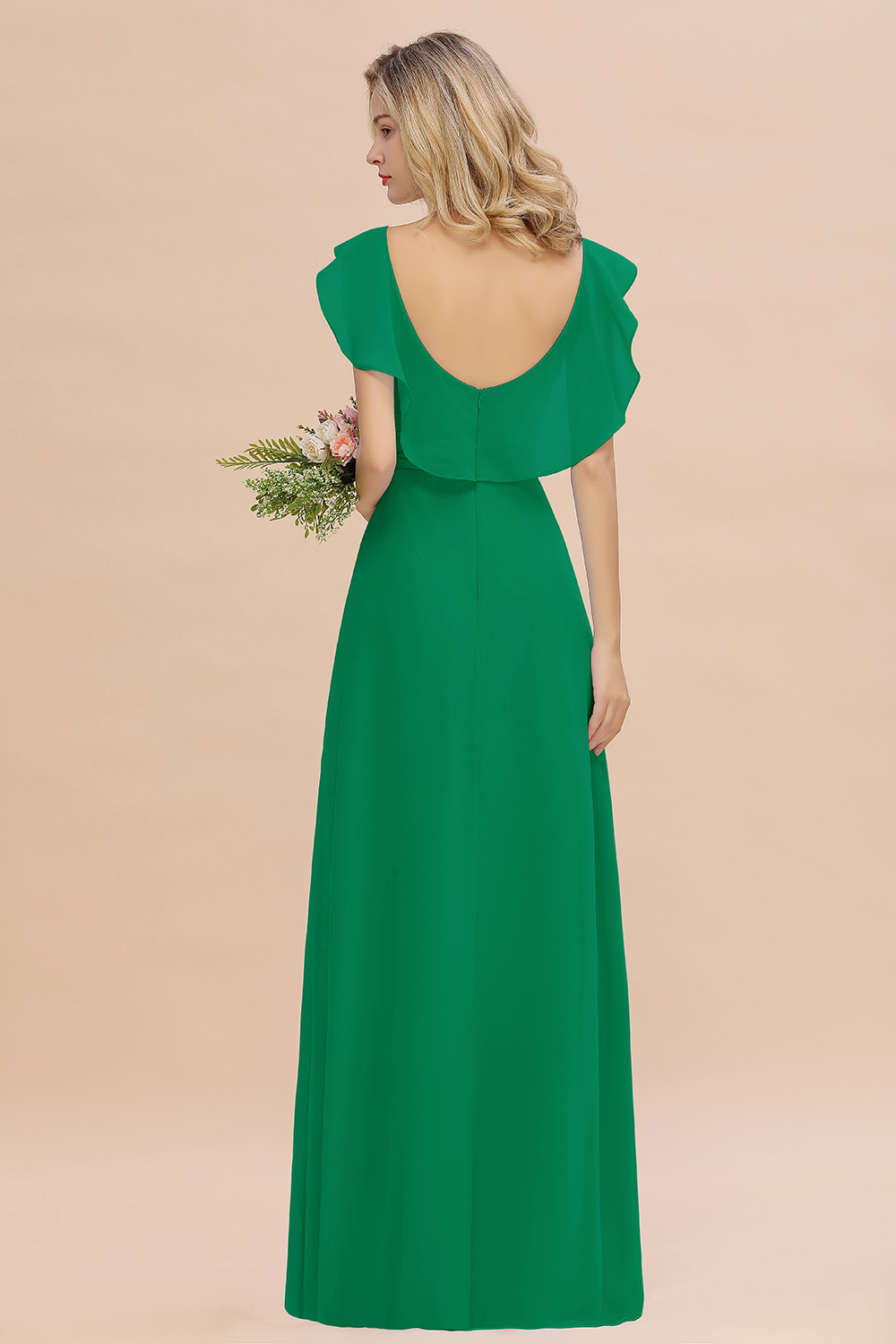 Simple High Low A-line V-Neck Ruffles Chiffon Emerald Bridesmaid Dress