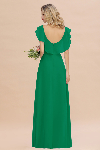 Simple High Low A-line V-Neck Ruffles Chiffon Emerald Bridesmaid Dress