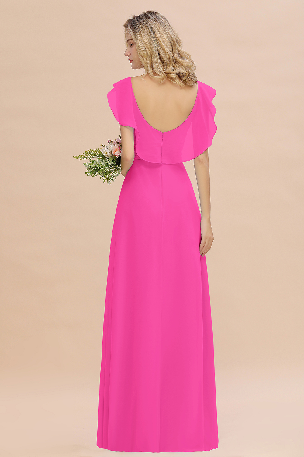 Simple High Low A-line V-Neck Ruffles Chiffon Fuchsia Bridesmaid Dress
