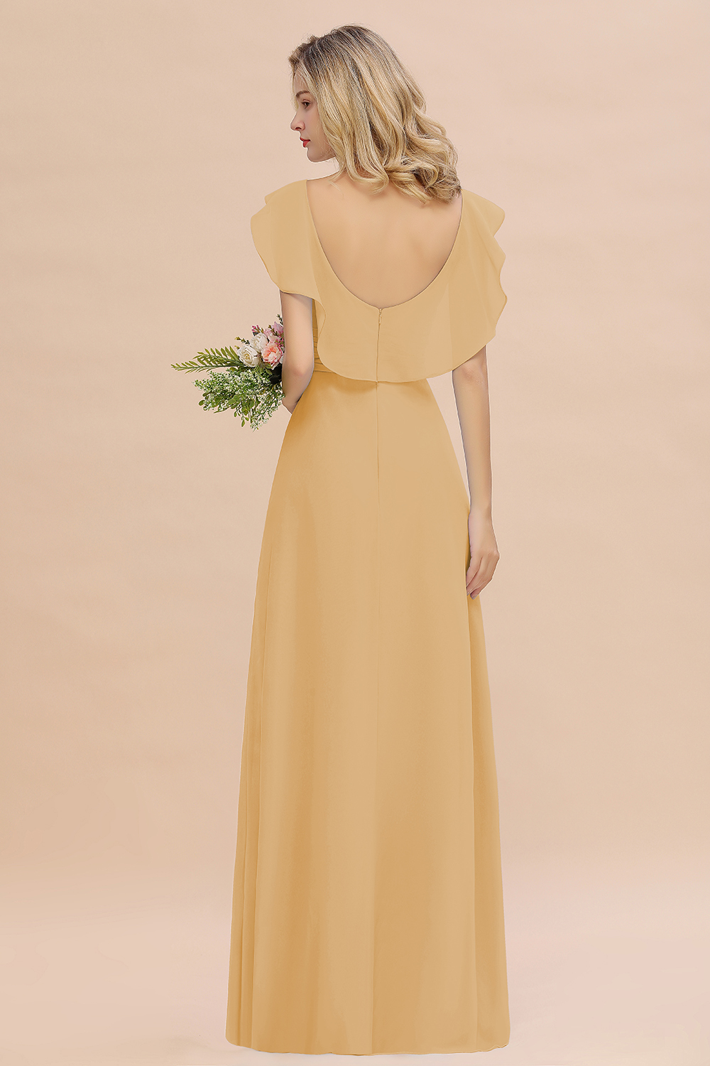 Simple High Low A-line V-Neck Ruffles Chiffon Gold Bridesmaid Dress