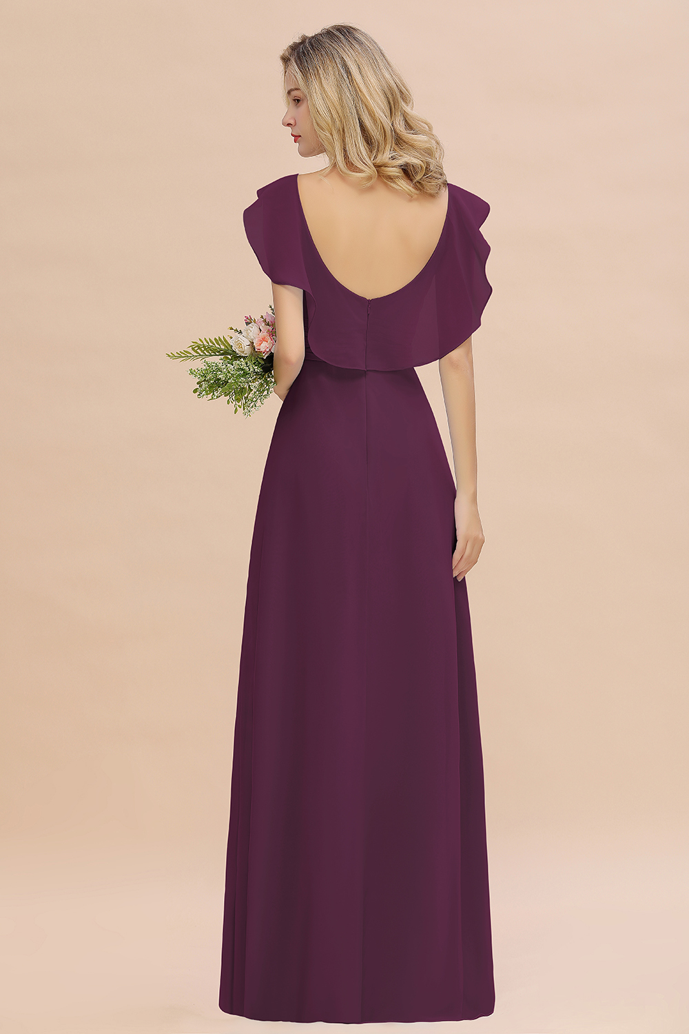 Simple High Low A-line V-Neck Ruffles Chiffon Grape Bridesmaid Dress