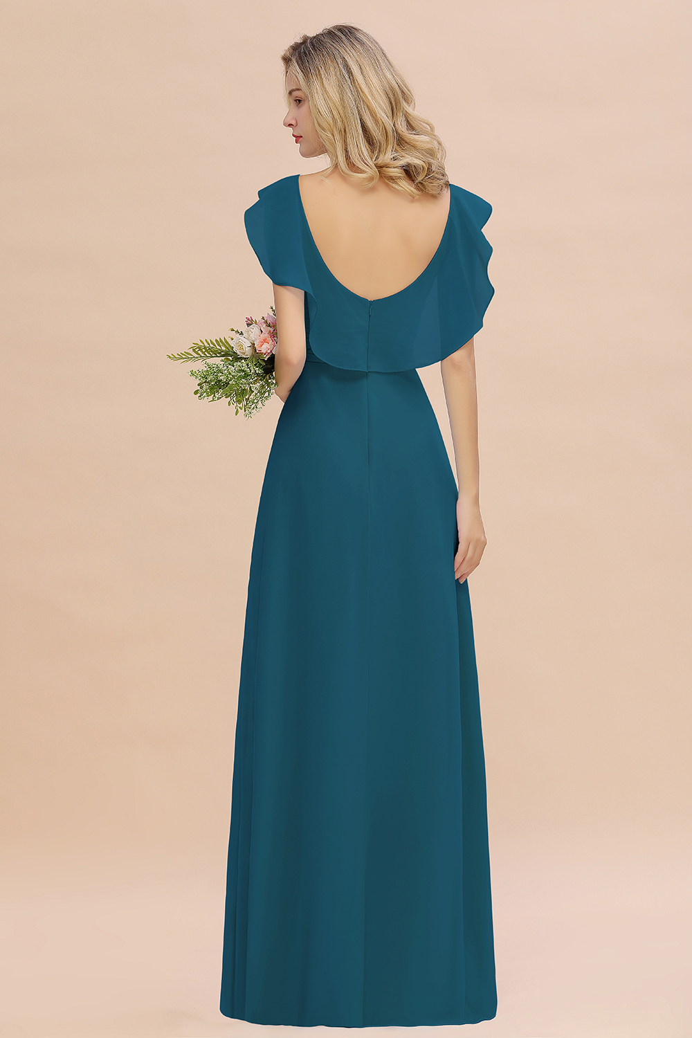 Simple High Low A-line V-Neck Ruffles Chiffon Ink Blue Bridesmaid Dress