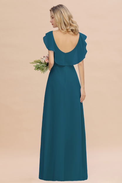 Simple High Low A-line V-Neck Ruffles Chiffon Ink Blue Bridesmaid Dress