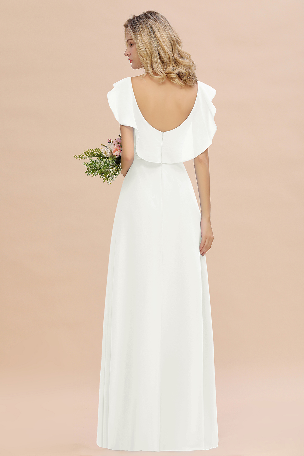 Simple High Low A-line V-Neck Ruffles Chiffon Ivory Bridesmaid Dress