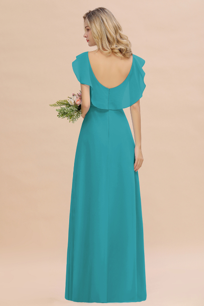 Simple High Low A-line V-Neck Ruffles Chiffon Jade Bridesmaid Dress