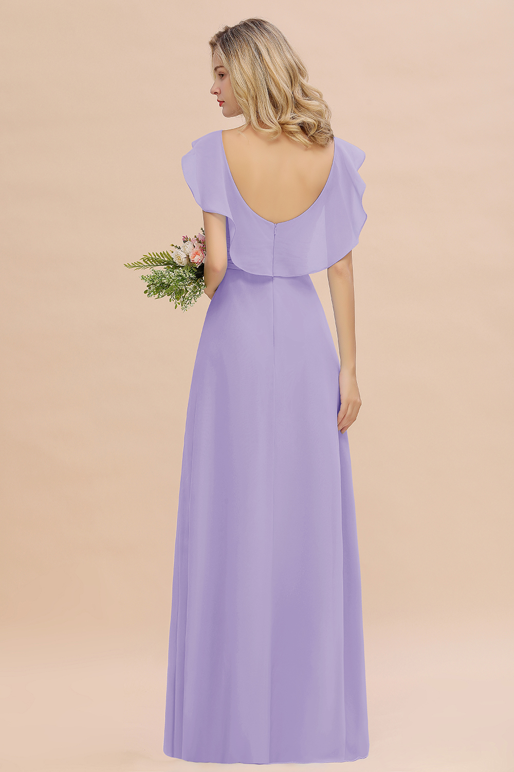 Simple High Low A-line V-Neck Ruffles Chiffon Lilac Bridesmaid Dress