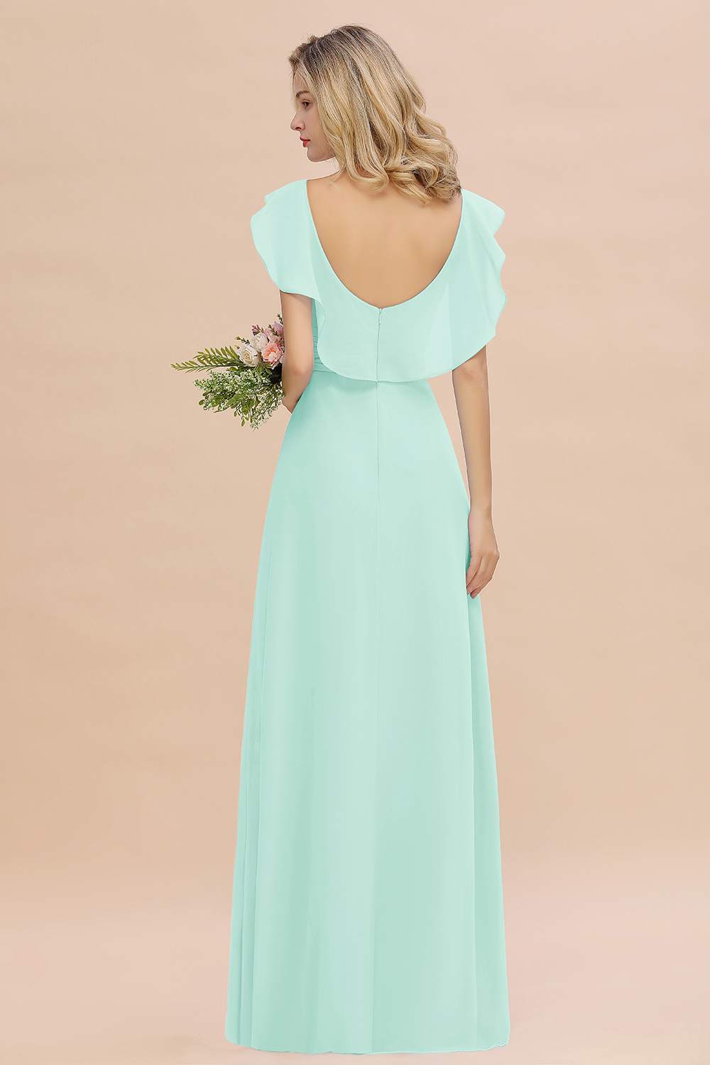 Simple High Low A-line V-Neck Ruffles Chiffon Mint Green Bridesmaid Dress