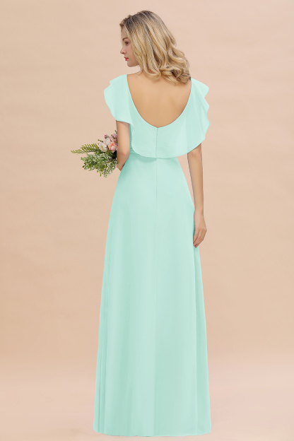 Simple High Low A-line V-Neck Ruffles Chiffon Mint Green Bridesmaid Dress