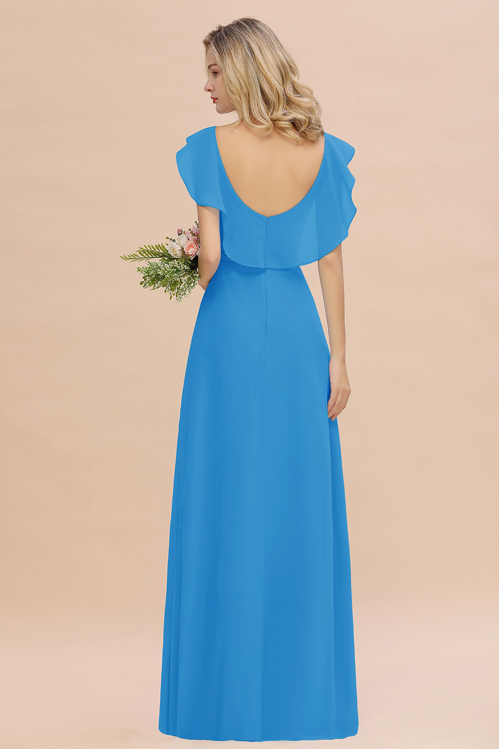 Simple High Low A-line V-Neck Ruffles Chiffon Ocean Blue Bridesmaid Dress