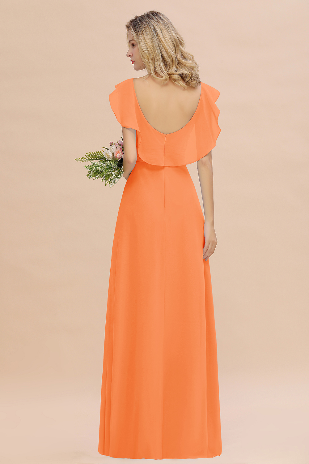 Simple High Low A-line V-Neck Ruffles Chiffon Orange Bridesmaid Dress