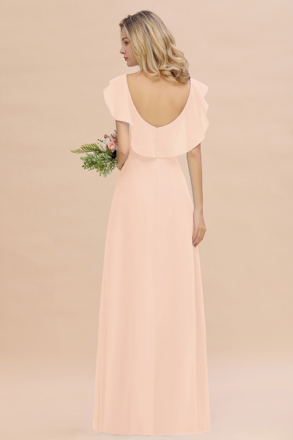 Simple High Low A-line V-Neck Ruffles Chiffon Pearl Pink Bridesmaid Dress