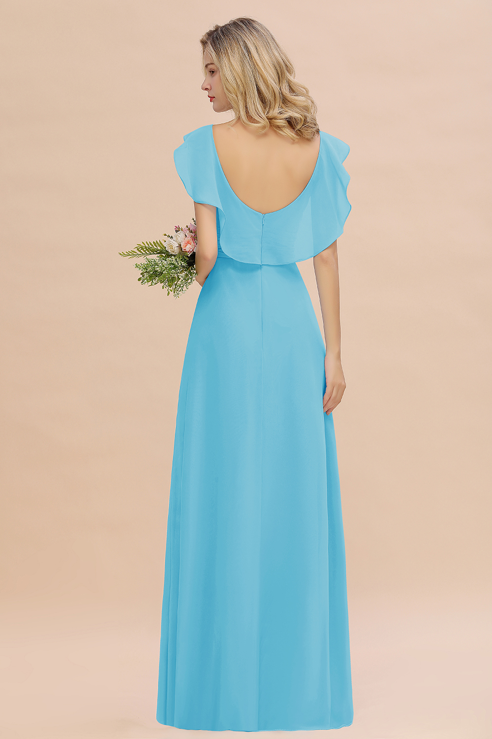 Simple High Low A-line V-Neck Ruffles Chiffon Pool Bridesmaid Dress