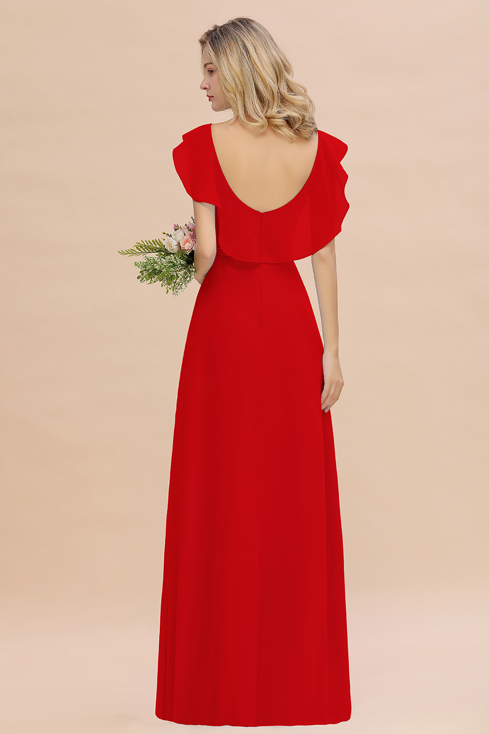 Simple High Low A-line V-Neck Ruffles Chiffon Red Bridesmaid Dress